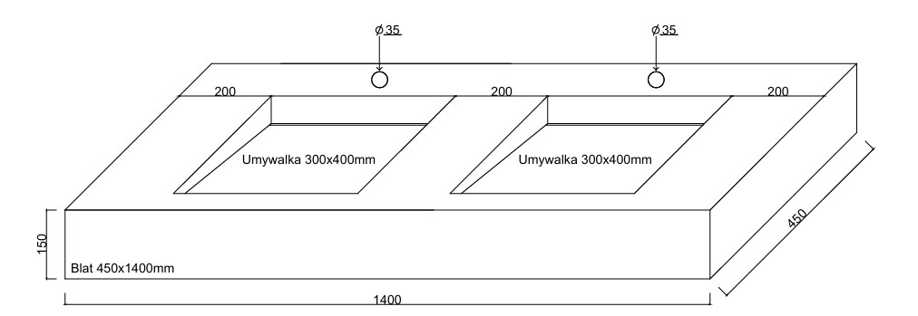 Umywalka podwójna z odpływem liniowym Wymiary 140x45x15 cm